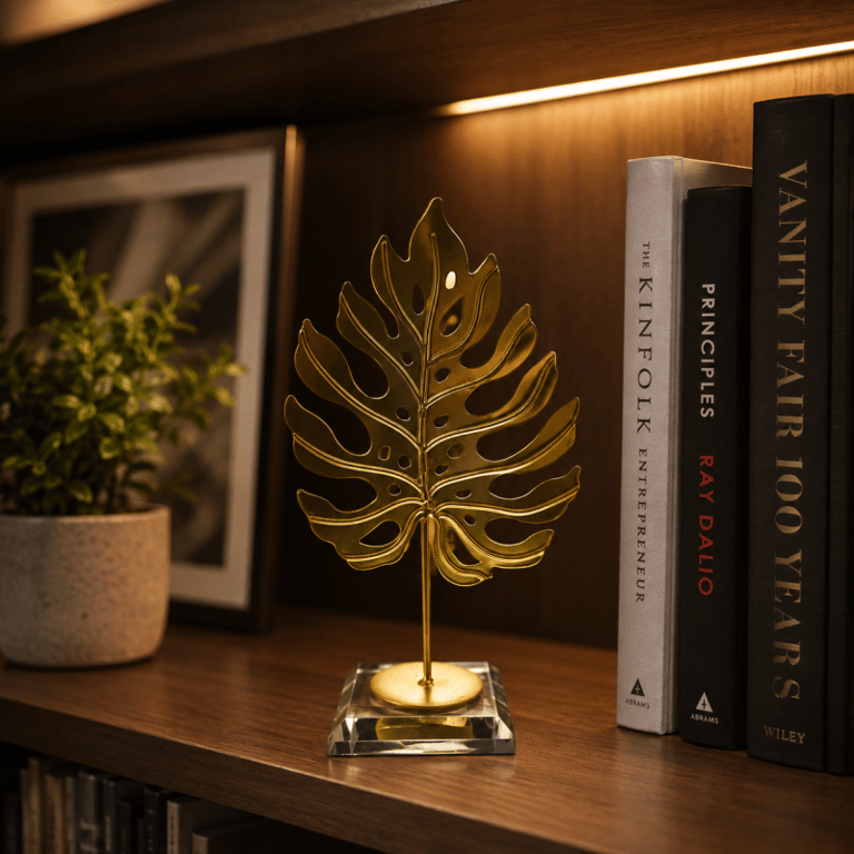 Escultura Decorativa Folha Dourada com Base Transparente