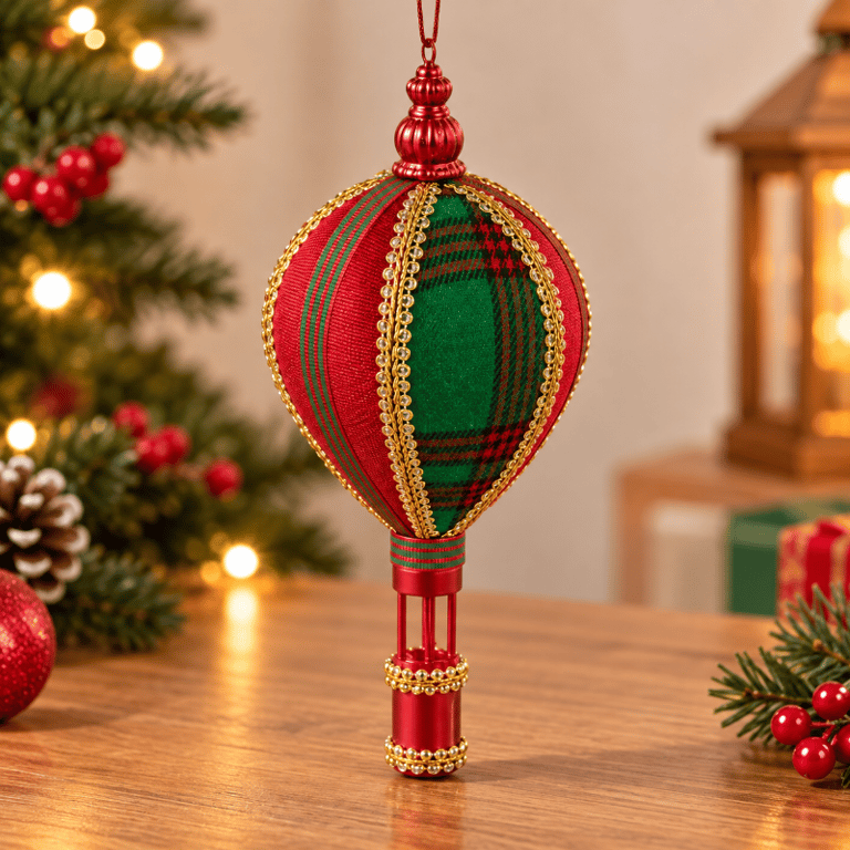 Pendente Natalino Balão Xadrez Vermelho e Verde 23cm com Detalhes Dourados para Decoração 