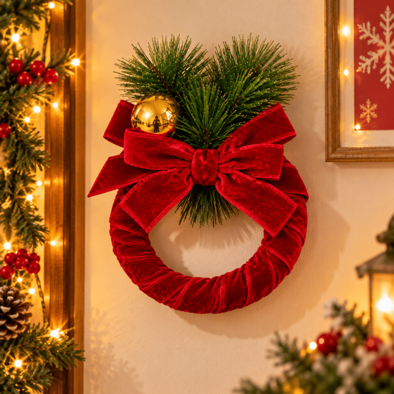 Enfeite De Natal Decorativo Para Porta Com Laço Vermelho Pinheiro E Bola Dourada