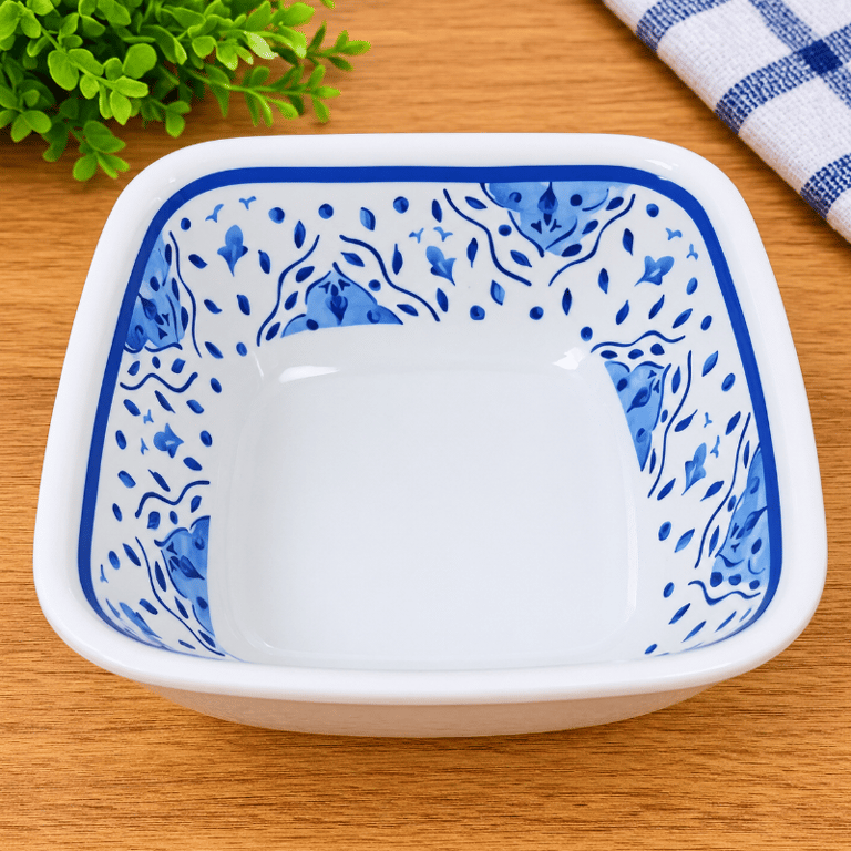 Tigela Quadrada de Melamina Decorada 1,2 Litros 18x18x9 cm Branca com Estampa Floral Azul 