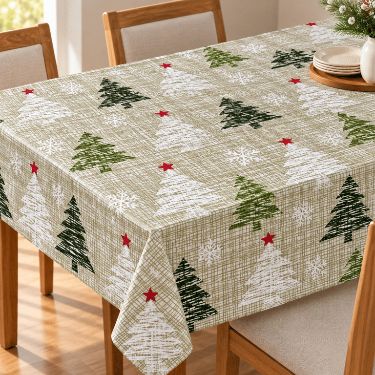 Toalha de Mesa Natalina Retangular 140x180cm Impermeável Antimanchas Poliéster Estampada para Decoração de Natal