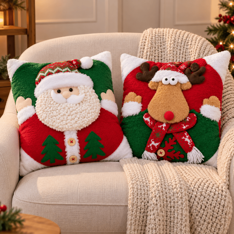 Almofada Natalina Decorativa 34x34 cm Papai Noel e Rena com Detalhes em Relevo para Decoração de Natal