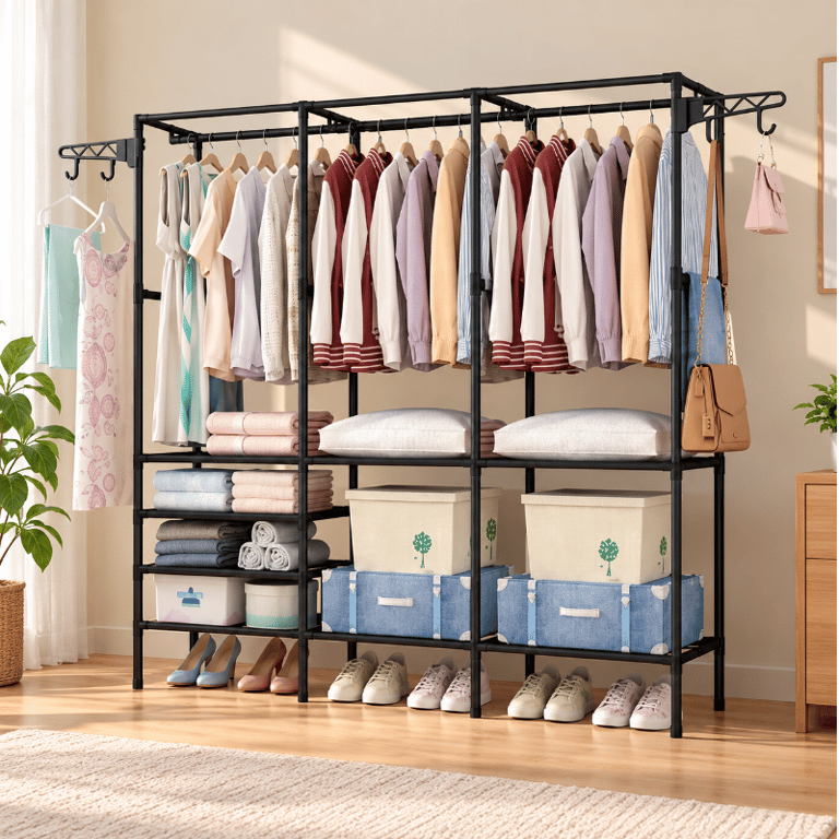 Guarda Roupa Organizador Portátil 3 Colunas 160x36x173 cm com Cabideiros Prateleiras e Sapateira
