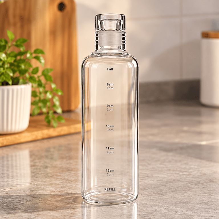 Garrafa de Vidro Borrossilicato Transparente 500ml com Tampa e Marcador de Horários para Hidratação Diária