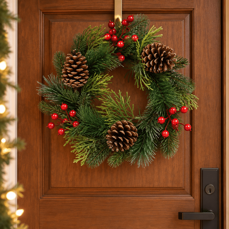 Guirlanda de Natal 44 cm com Flores Pinhas Azevinho e Folhagens para Decoração Natalina