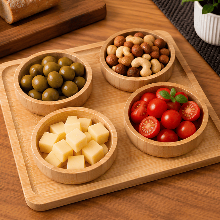 Kit Bandeja De Bambu Com 4 Tigelas Redondas Conjunto Organizadores Serve Com Design Natural E Elegante