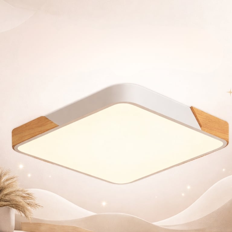 Luminária Plafon Branco Com Madeira 36w 