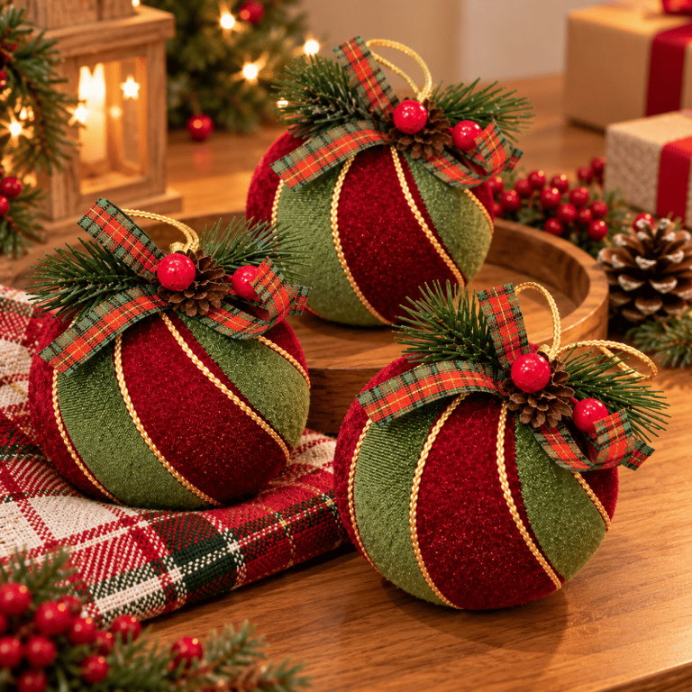 Kit 3 Bolas de Natal Aveludadas 10 cm Verde e Vermelho com Detalhes Ondulados e Folhagem Decorativa 
