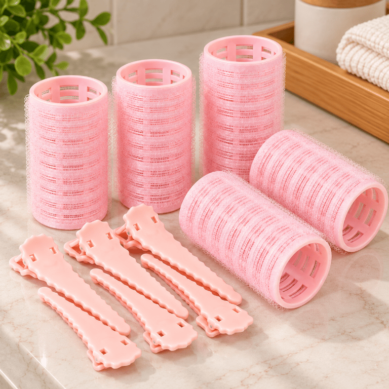 Kit 10 Bobes Modeladores de Cabelo Rosa com 10 Prendedores de Fixação Velcro para Modelar o Cabelo