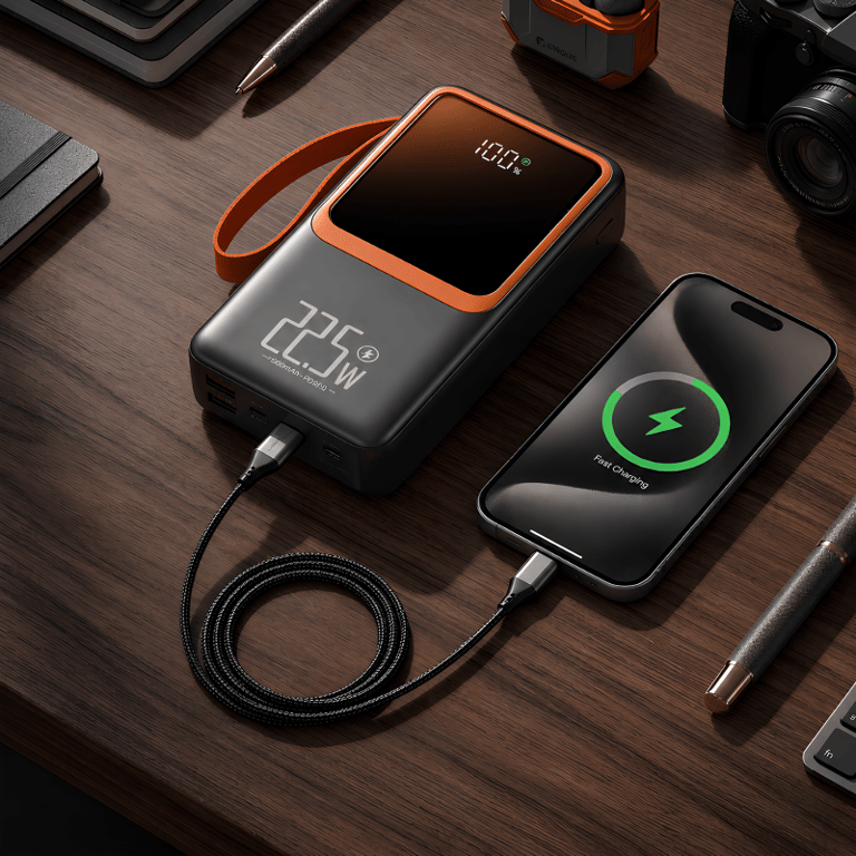 Power Bank Portátil 30.000mAh Com Carregamento Rápido 22,5W Visor Digital Inteligente Lanterna LED Integrada E Alça para Transporte Alta Capacidade Para Celulares Tablets E Dispositivos USB
