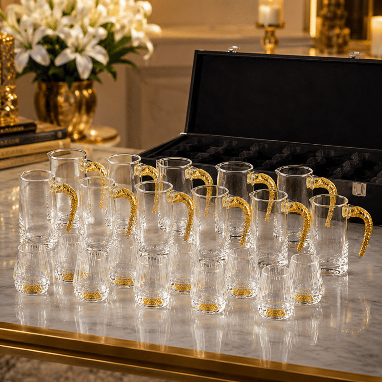 Conjunto para Cachaça em Cristal com Detalhes Folheados a Ouro 24K 20 Peças