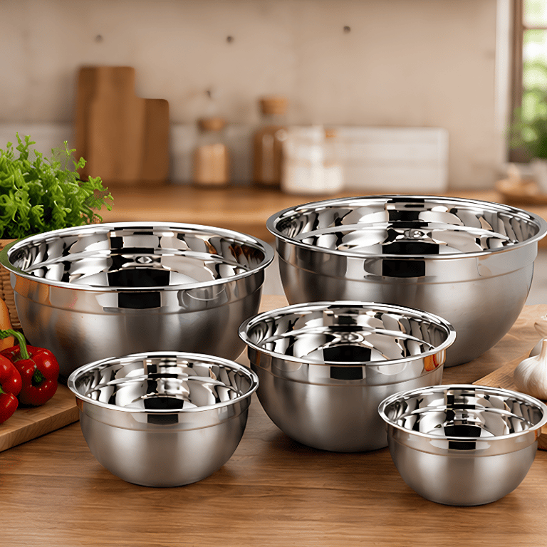 Kit com 5 Tigelas de Aço Inox Inoxidável em Diferentes Tamanhos Conjunto Completo para Preparo Mistura e Servir