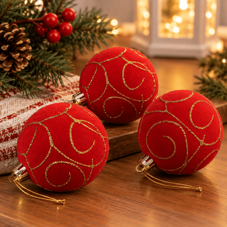 Kit 3 Bolas de Natal Vermelhas 8cm com Acabamento em Veludo e Ondas Douradas para Decoração Natalina 