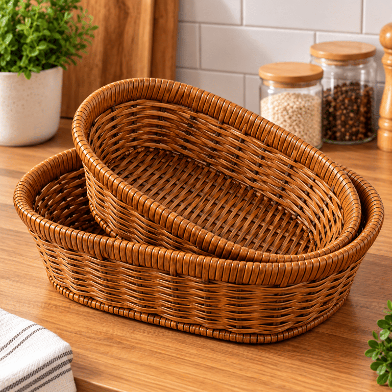 Kit Com 2 Cestos Organizadores Trançados Em Vime Sintético Para Mesa Cozinha E Decoração