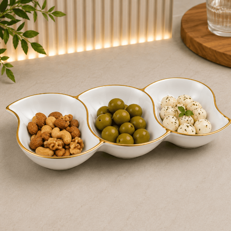 Bandeja Petisqueira De Plástico 3 Divisórias Folha Decorativa Porta Petiscos 36cm