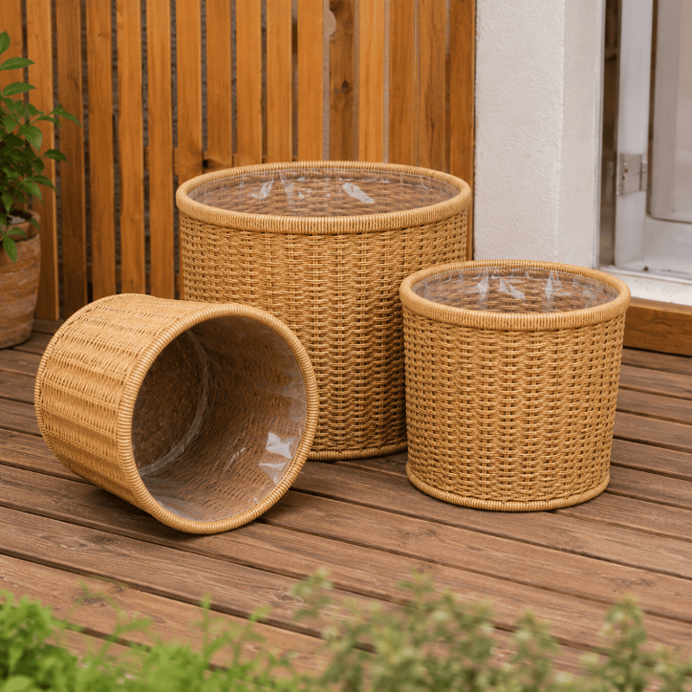 Kit 3 Cestos Decorativos Para Plantas Fibra Sintética Trançada Redondo Natural