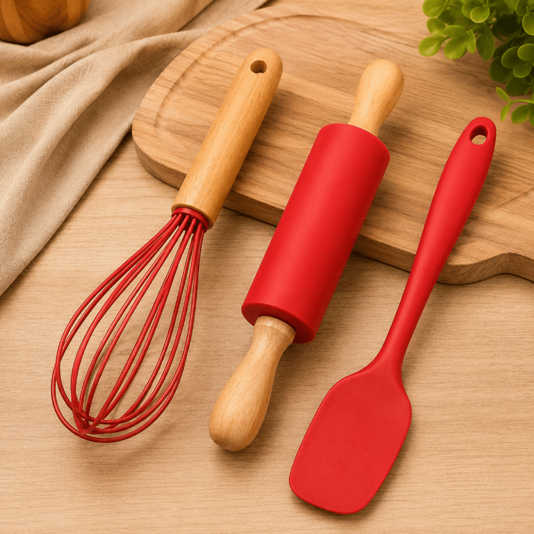 Kit 3 Peças de Silicone Utensílios De Cozinha Silicone e Bambu
