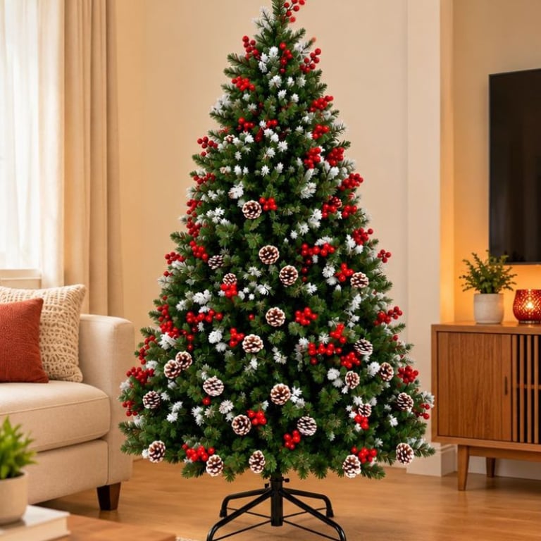 Árvore De Natal Nevada 2,1 Metros Com Frutos Vermelhos E Pinhas