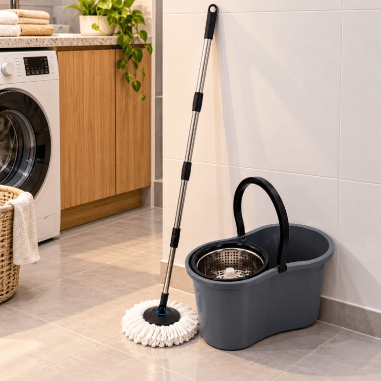 Mop Giratório 360° com Balde 9L Cesto Inox Cabo Telescópico e 2 Esfregões de Microfibra para Limpeza de Pisos