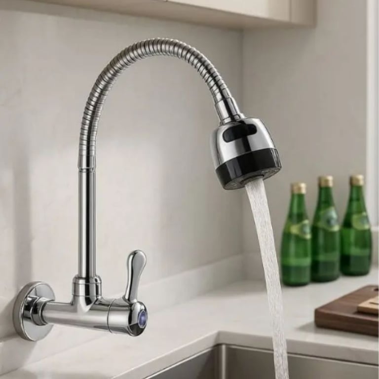 Torneira De Parede Flexível Cromada Para Cozinha Com Dois Jatos