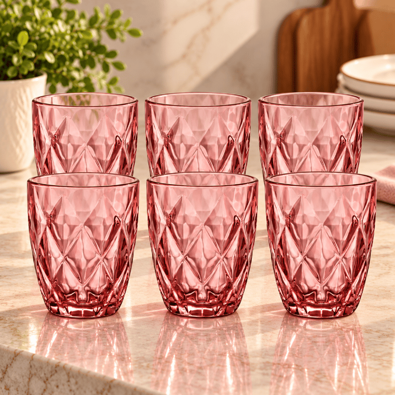 Jogo 6 Copos Diamond Rosa Ametista 280ml em Vidro Texturizado Efeito Diamante 