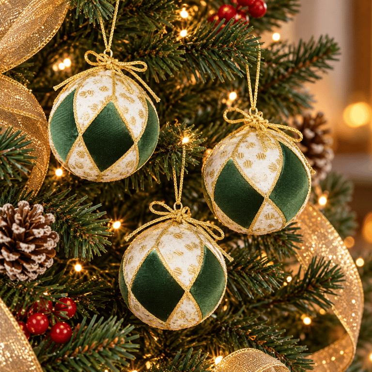 Kit 3 Bolas de Natal Aveludadas 10 cm Verde com Detalhes Branco e Dourado Decorativos 
