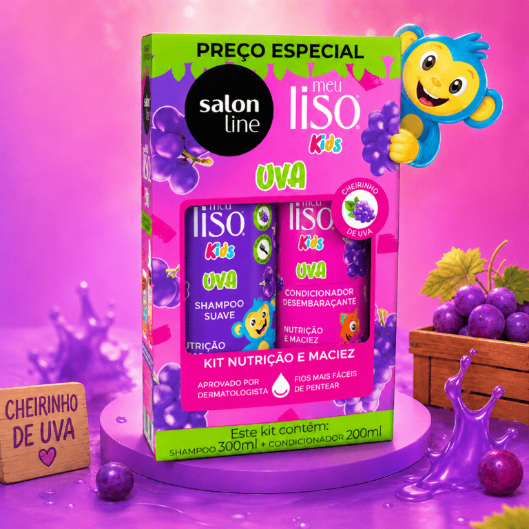 Kit Shampoo 300ml e Condicionador 200ml Nutrição e Maciez Meu Liso Uva Kids Salon Line