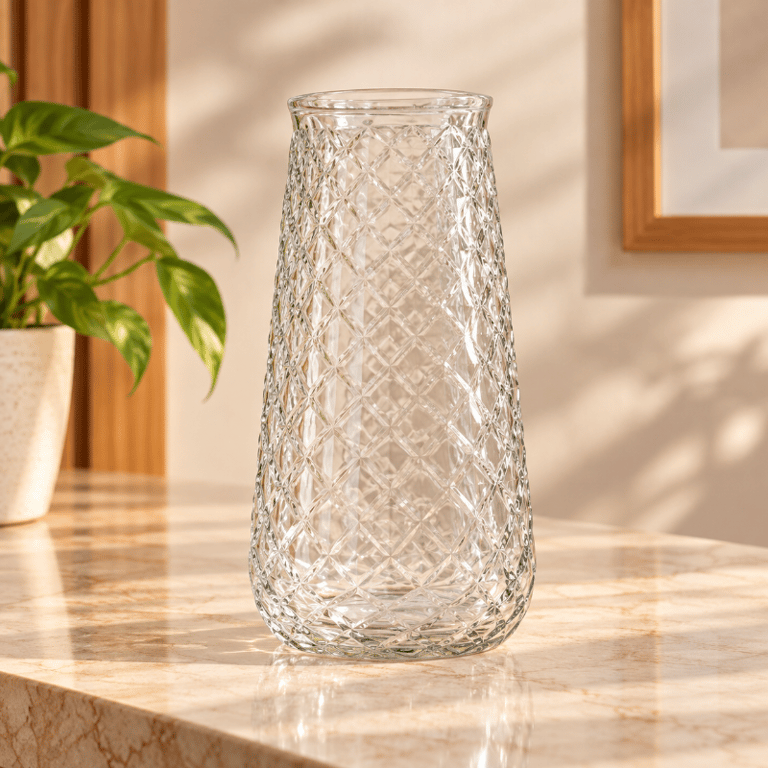 Vaso Decorativo de Vidro Transparente 21,5cm com Relevo Geométrico Texturizado para Flores Arranjos Decoração 