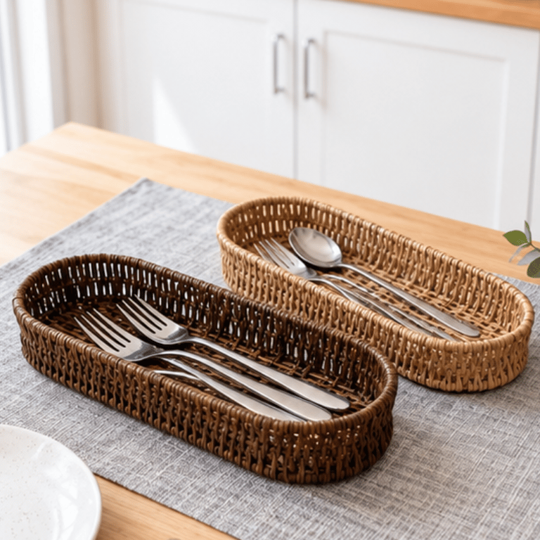Organizador De Talheres Em Fibra Trançada Com Design Retangular Para Cozinha E Mesa Posta