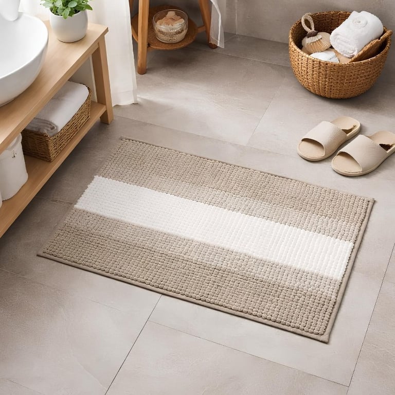 Tapete Antiderrapante Macio Com Listras Em Tons De Bege E Branco 40X60CM 