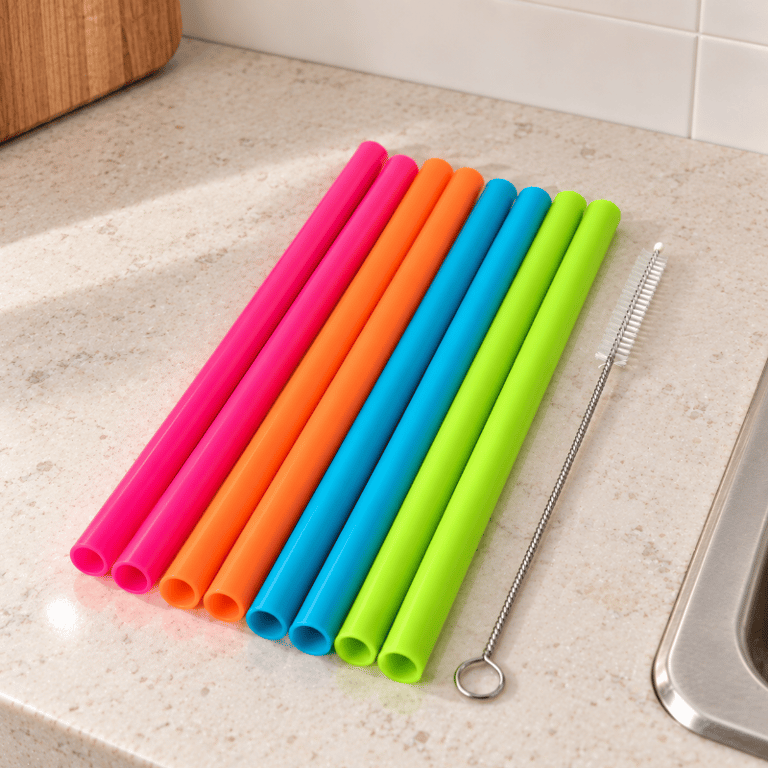 Kit 8 Canudos de Silicone Infantil Reutilizáveis Coloridos com Escovinha de Limpeza 