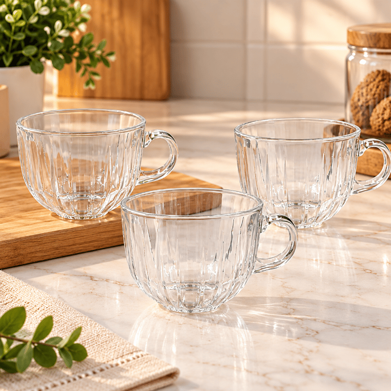 Jogo 3 Xícaras Oxford 470ml em Vidro Transparente com Relevo e Alça 