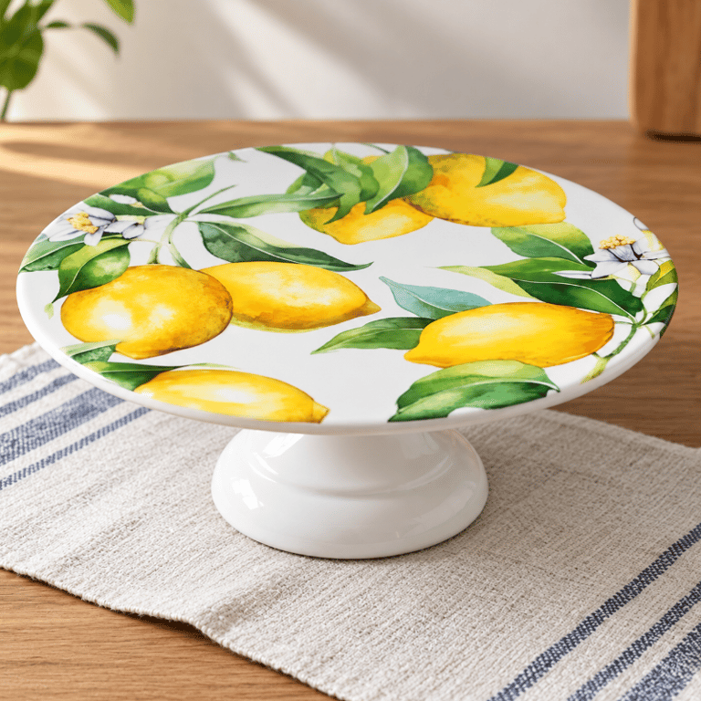 Porta Bolo de Melamina Sicília 28x13cm com Pedestal Estampa Limão Siciliano para Bolos Doces e Sobremesas