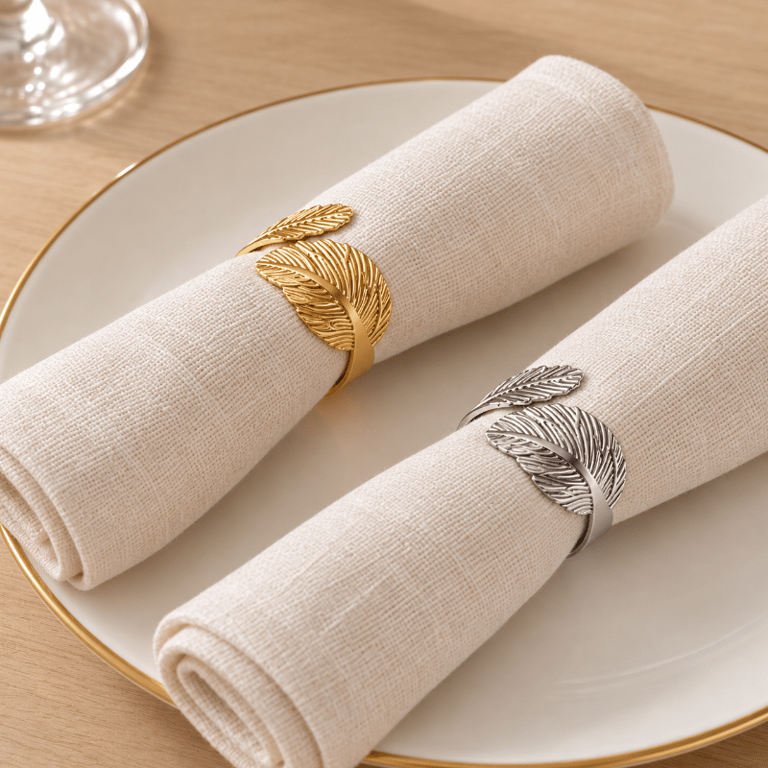Anel Porta Guardanapo Floral com Folhas em Relevo Dourado e Prata para Mesa Posta e Decoração 