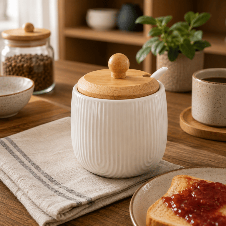 Açucareiro de Cerâmica com Tampa de Bambu e Colher 300 ml