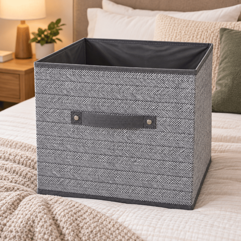 Caixa Organizadora com Alça 31x31x31cm em Tecido TNT Cinza Estampado 