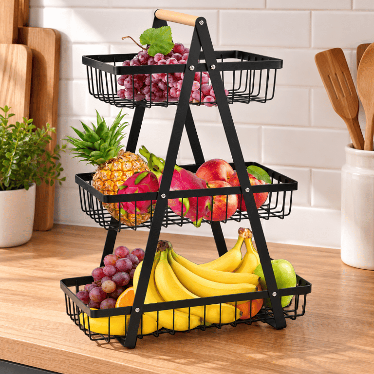 Fruteira de Mesa 3 Andares Metálica Preta com 3 Cestos Aramados Organizador Multiuso para Cozinha
