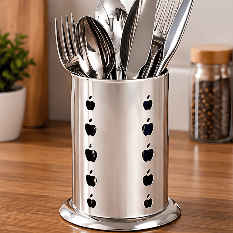 Porta Talheres De Aço Inoxidável Redondo Com Base De Apoio E Detalhes Vazados De Maçãs Para Organização De Cozinha