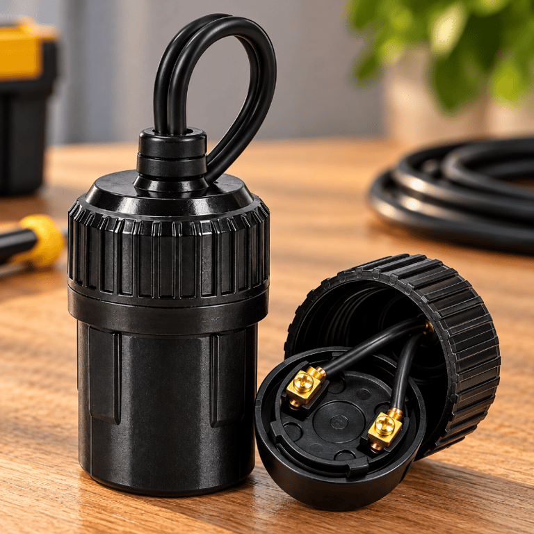 Conector Elétrico Preto Com Rabicho e Sistema de Encaixe Para Instalações Elétricas