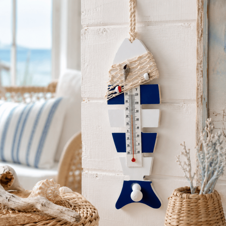 Peixe Decorativo de Madeira com Termômetro Estilo Náutico