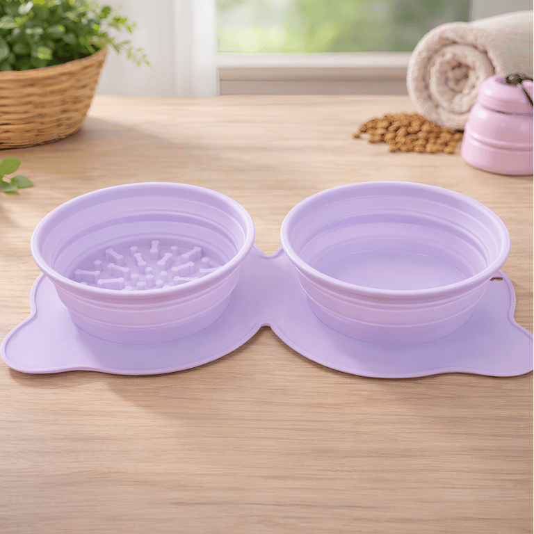 Comedouro Duplo Dobrável Portátil Para Cães E Gatos Com Alimentador Lento