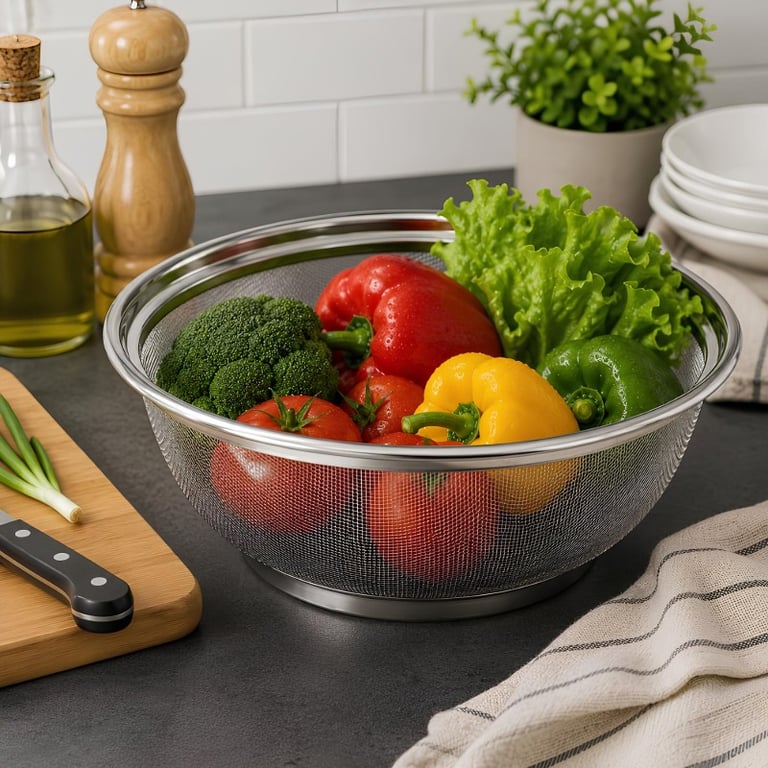 Cesta Peneira em Aço Inox 22cm Redonda com Tela Fina para Lavar Escorrer Frutas Verduras Legumes e Alimentos