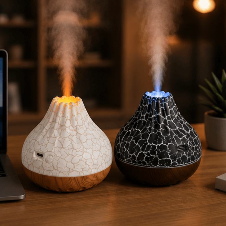 Difusor de aromas ultrassônico vulcão 300ml com umidificador iluminação led e acabamento efeito madeira