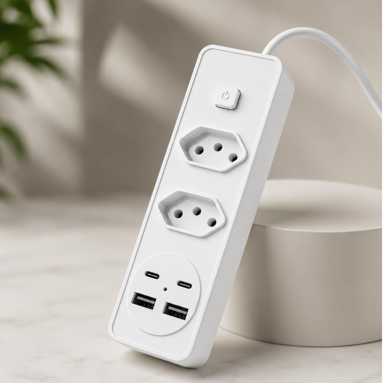 Filtro de Linha 2 Tomadas 2 USB  2 USB Tipo-C 12W com Interruptor de Proteção  Cabo 2 Metros