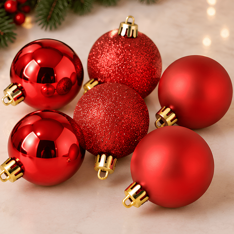 Kit 6 Bolas Decorativas de Natal Vermelhas com Acabamento Brilhante Glitter e Fosco para Árvore e Decoração