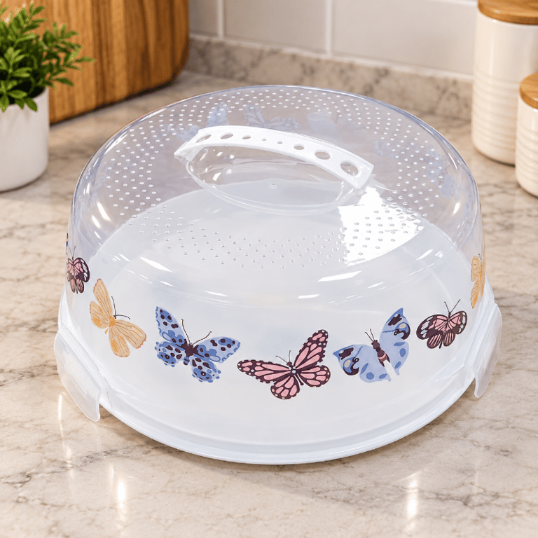 Prato para Bolo com Tampa Transparente e Alça 28x12cm de Plástico com Estampa de Borboletas 