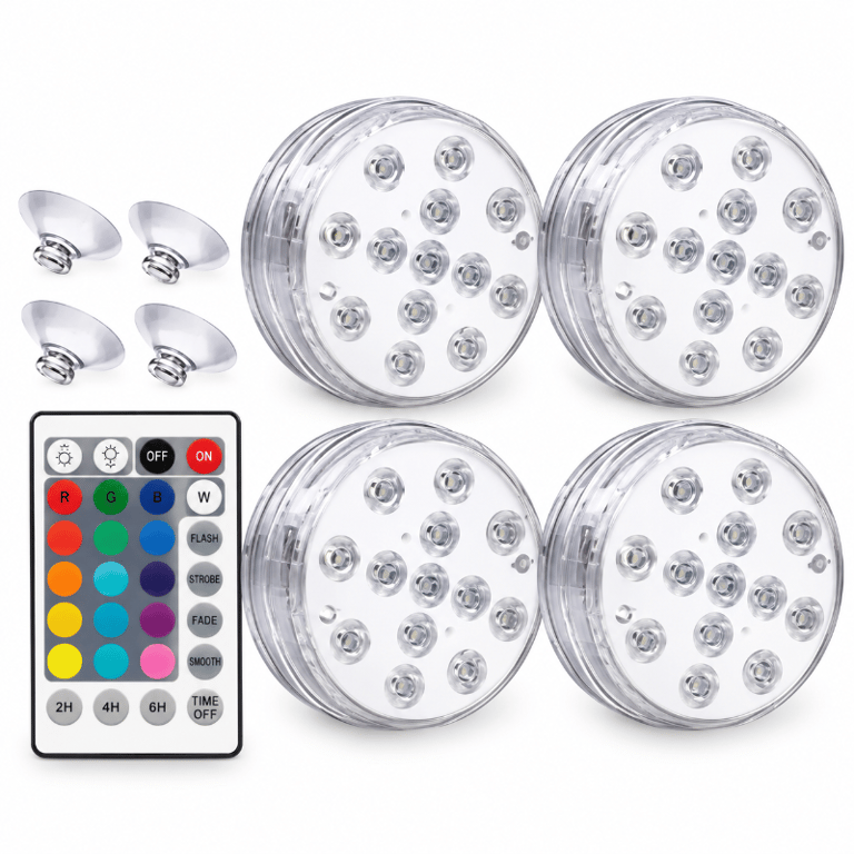 Kit 4 Luzes LED Submersíveis RGB Coloridas com Ímã e Controle Remoto