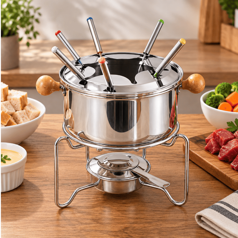 Jogo de Fondue 10 Peças com Panela 16cm Aço Inox Suporte Queimador e Garfos
