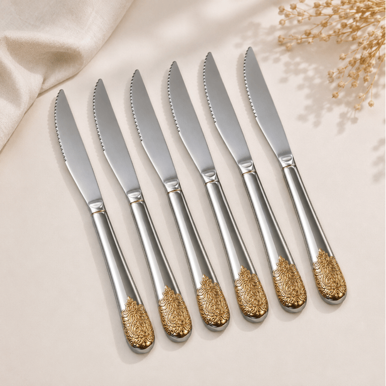 Kit 6 Facas De Mesa Aço Inox Serrilhada Cabo Decorado Luxo
