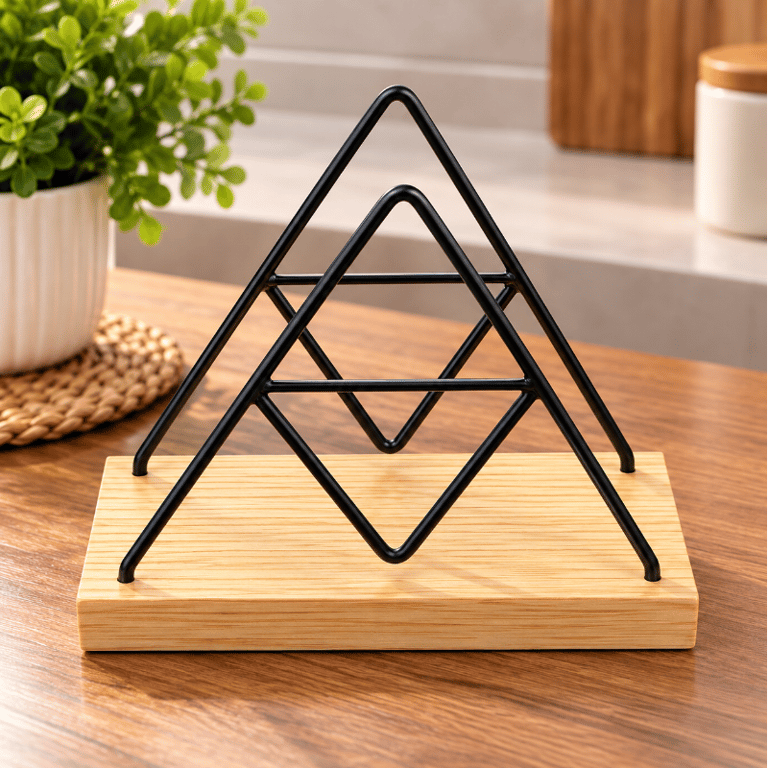 Porta Guardanapo 15x6x13 cm com Base de Bambu e Estrutura Metálica Preta Design Triângulo 